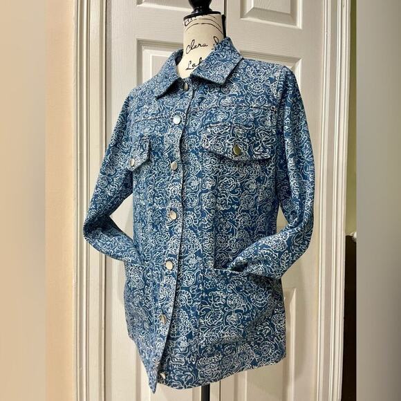 SOLITAIRE DENIM JACKET CRAFTED FLORAL PRINT 4 POCKETS SZ M VERSATILE AESTHETIC - Picture 8 of 14